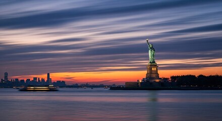 Naklejka premium Statue de la Liberté au crépuscule, hommage solennel pour la Journée du Souvenir, symbole de sacrifice et de liberté, skyline de New York sous un ciel dramatique enflammé.
