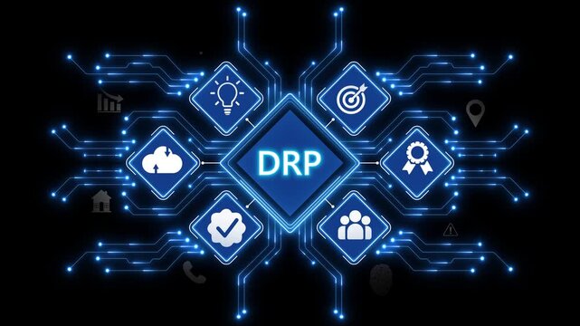 DRP Disaster Recovery Planning Animation with Cybersecurity Protection Network and Futuristic Digital Safety Interface