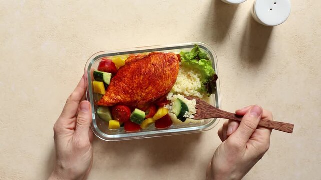 Horizontal video of a woman  eating healthy chicken breast meal prep with couscous and fresh vegetables in a glass container, close lifestyle food content, hands only visible.