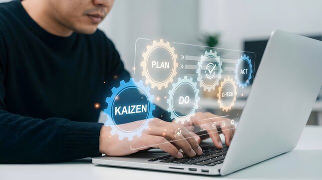 Businessman using laptop, concept of Kaizen workflow.