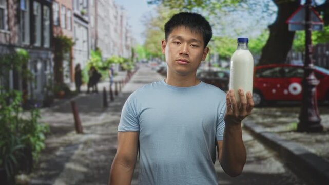 Man holds a glass milk bottle with blue cap in hand on street, presenting the bottle with raised hand and relaxed posture amid city row houses; curiosity everyday.