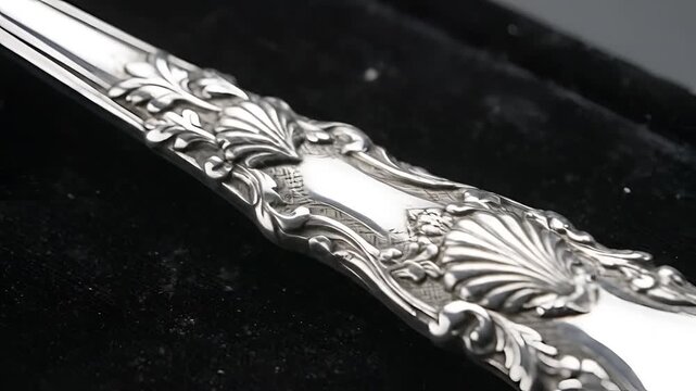 Closeup Macro Shot of Ornate Silverware Handle with Intricate Floral Engravings.