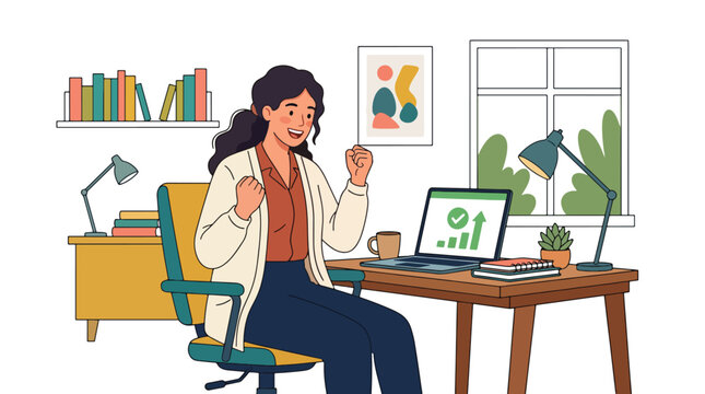 Modern flat vector illustration of remote employee celebrating work achievement at home office showing happiness productivity and success moment