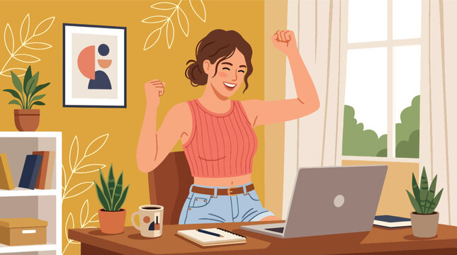 Modern flat vector illustration of remote employee celebrating work achievement at home office showing happiness productivity and success moment