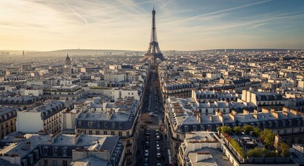 Obraz premium Tour Eiffel et toits de Paris vus du ciel au crépuscule, architecture haussmannienne majestueuse, symbole national français pour la Journée du Souvenir, panorama urbain historique.