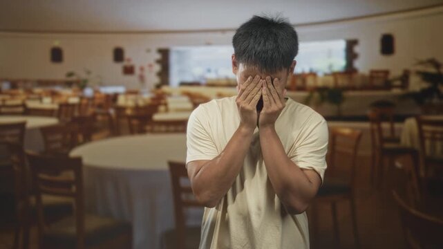 Young man covering his face with both hands in a building dining room near round tables and chairs; isolation anxiety.