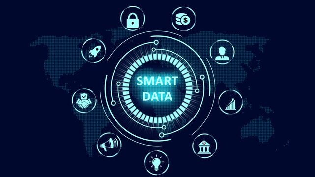 Smart data HUD interface animation with a glowing circular network diagram and processing icons over a world map for advanced global information management.