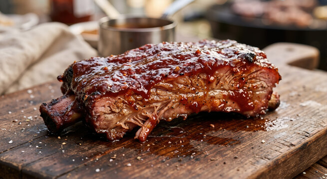 Close up of smoked BBQ pork ribs with sticky red sauce on a wooden board. Traditional soul food main dish. Appetizing summer cookout meat