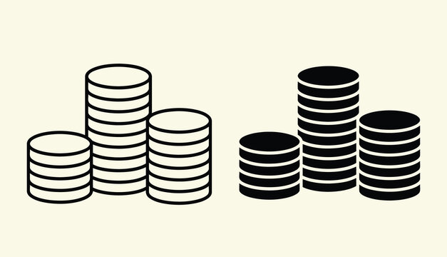 stacked coin icon set, outline and solid style, finance and currency symbols on transparent background. Stacks of coins in a simple line drawing style