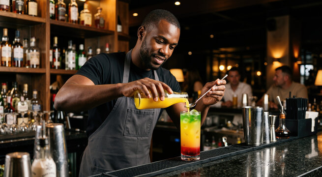 Smiling Black male bartender pouring a layered red yellow and green cocktail. African American mixologist working in a dark bar.