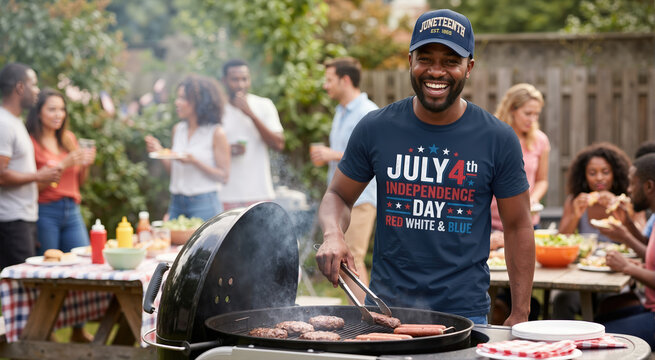 Smiling Black man grilling at a backyard barbecue wearing a Juneteenth cap and July 4th shirt. American holiday continuum and summer celebration concept