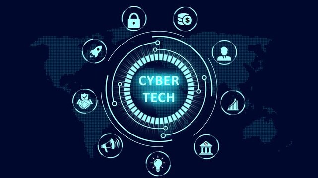 Cyber tech HUD interface animation featuring a glowing circular network diagram with security icons over a world map for global advanced digital architecture and safety.