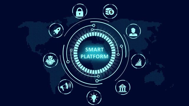 Futuristic smart platform HUD interface animation featuring a glowing circular network diagram with digital icons over a world map for global technology integration.