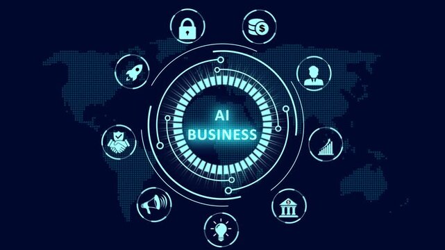 Advanced AI business HUD interface animation with a glowing circular diagram and growth icons over a world map for global corporate intelligence and management.