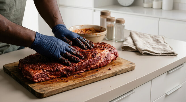 Person wearing blue gloves rubbing spices onto raw beef brisket. Marinating meat on a wooden cutting board in a modern kitchen. Juneteenth BBQ preparation concept