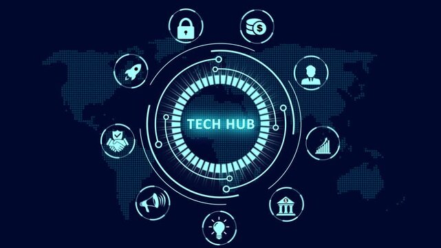 Tech hub HUD interface animation with a glowing circular network diagram and connectivity icons over a world map for global central technology management and integration.
