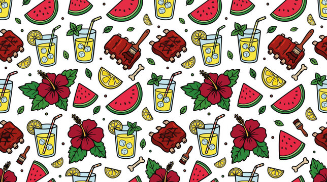 Summer BBQ cookout seamless pattern. Watermelon lemonade and ribs vector illustration. Juneteenth picnic food background design