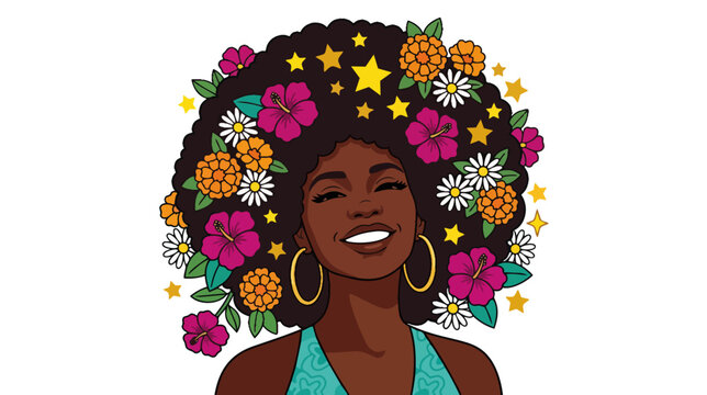 Portrait of a smiling Black woman with floral afro hair. Juneteenth celebration flat vector illustration