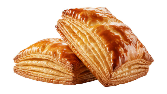Two golden brown delicious buttery puff pastry squares featuring flaky layers and a shiny glaze isolated on transparent background