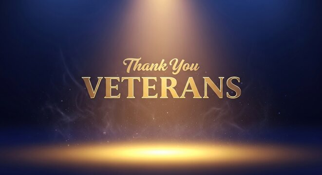Message dor&eacute; Thank You Veterans sur fond bleu avec projecteur, hommage pour la Journ&eacute;e du Souvenir, gratitude envers les v&eacute;t&eacute;rans, respect militaire et c&eacute;l&eacute;bration patriotique.