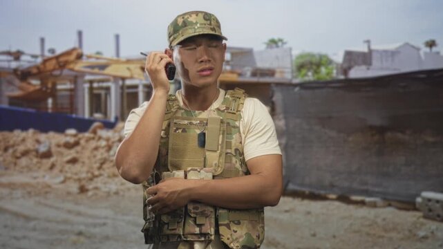 Man soldier in army uniform holds radio to ear and clutches vest in front of building under construction, wearing camouflage cap and dog tags; duty vigilance.
