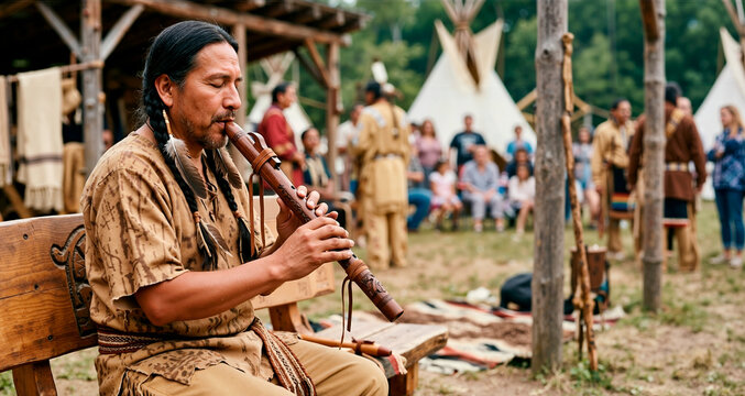 Indigenous man playing a wooden flute at a cultural gathering. Native American musician in traditional clothing with tipis in background