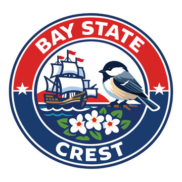 Bay State Crest circular emblem with historic tall ship, state bird and mayflower blossoms on blue harbor, classic Massachusetts heritage logo suited for tourism campaigns, apparel graphics and souven