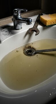 Clogged Bathroom Sink with Stagnant Water, Tools, and Sponge for Home Repair