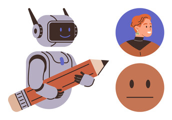 Naklejka premium Artificial intelligence, creativity, digital learning, communication tools, human interaction, technology advancements. Robot holding a pencil beside two human-thumbs up icons. AI creativity
