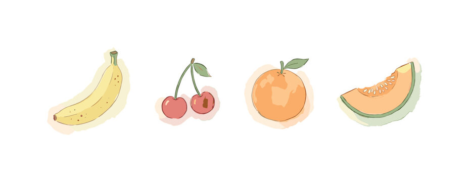 Banana, cherry, orange, and a slice of melon spaced out with airy gaps in a row, soft naive watercolor illustration, humble