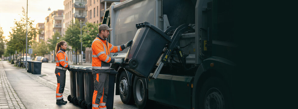 Man and woman garbage collector loading waste bin into truck on city street. Team of sanitation worker performing maintenance and urban cleaning. Banner with copy space