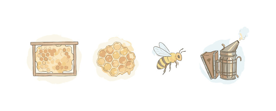 Beehive frame, honeycomb, bee, and a smoker spaced out with airy gaps in a row, soft naive watercolor illustration, humble
