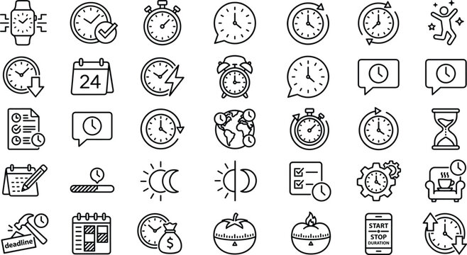 Time management and productivity outline icon set featuring clocks schedules deadlines reminders and business planning symbols