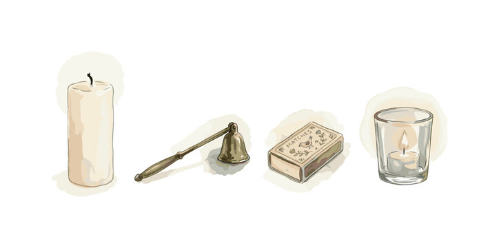 Tall ivory pillar candle, brass snuffer, vintage matchbox, and a glass votive holder in a row, soft naive watercolor illustration,