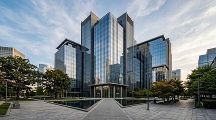 Obraz premium Modern office building featuring glass architecture and landscaped gardens in a professional corporate business park setting with water features and clear blue sky during the day this outdoor photogra