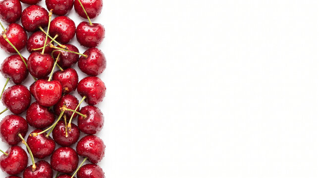 Fresh organic red cherries and water droplets on the left edge of a pure white background with large copy space
