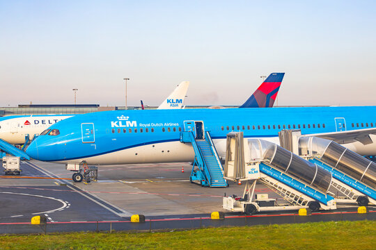 Amsterdam, Netherlands - 22.01.2026: klm royal dutch airlines boeing 787 dreamliner aircraft parked at schiphol airport terminal boarding gates