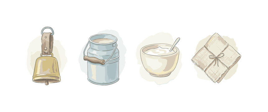Cow bell, milk pail, cream bowl, and a linen napkin presented as four distinct icons with airy spacing, soft naive watercolor