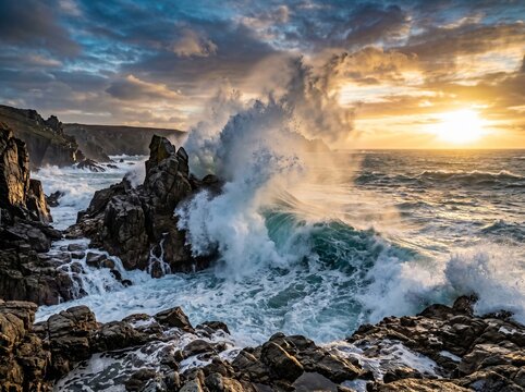 Powerful ocean wave crashing against rocky cliffs during sunset