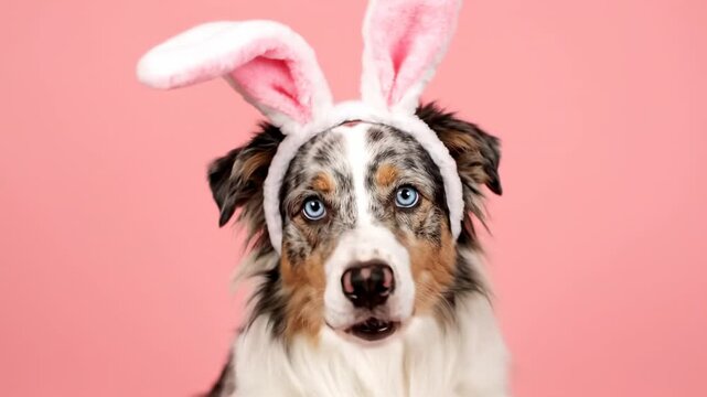Cute dog wearing bunny ears, tilting head, with blue eyes on pink background