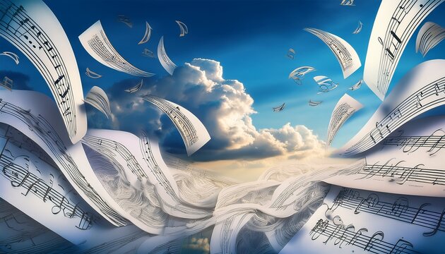 music sheets drift over a sky backdrop their notes visible on the airborne pages creating a dreamlike scene of paper and clouds