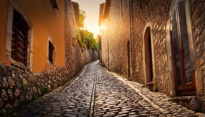 Naklejka premium the narrow cobbled way undulates unexpectedly highlighting th