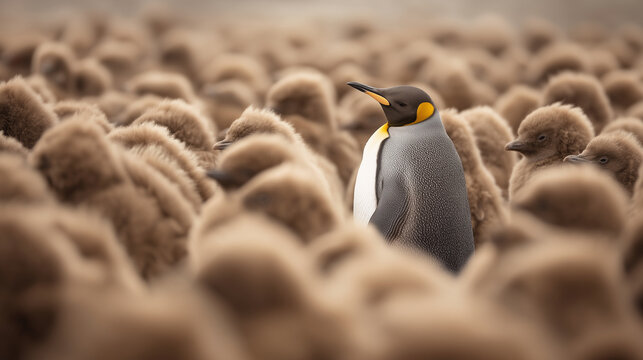 Adult king penguin standing out among fluffy brown chicks in a crowded colony, uniqueness, leadership, individuality, nature, wildlife and difference concept. penguin, king penguin