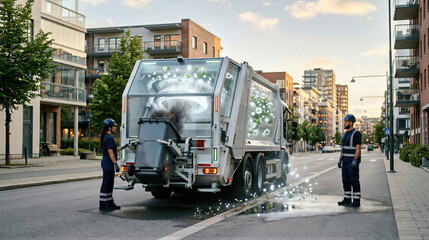 Naklejka premium Woman and man waste collectors using futuristic recycling vehicle to clean city street. Eco friendly street sanitation with smart technology for urban waste management and environment service.