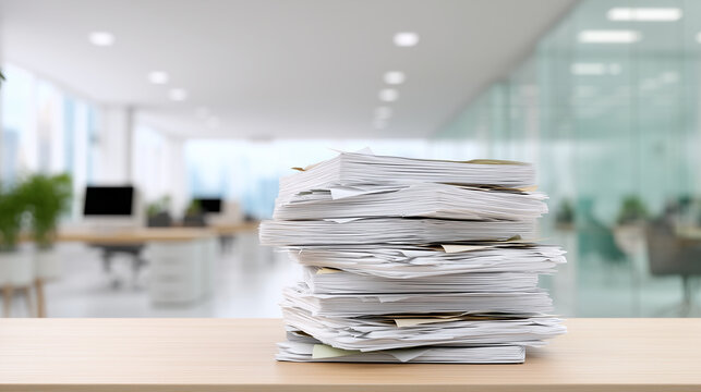 Large stack of office documents on desk in modern office, paperwork overload, bureaucracy, business reports, administrative work and document management concept. paperwork, documen