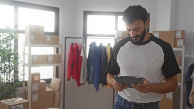 Man holding tablet checking boxes and scanning labels in studio with clothing racks and shelves; focused productivity.