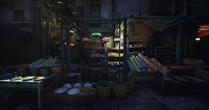 dimly lit market stall with breads fresh loaves, wicker baskets, hanging lanterns casting warm glow, vendor preparing inventory on cobblestone alley, moody