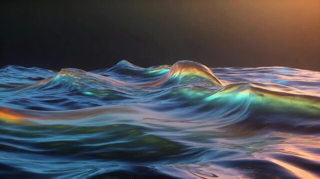 Shimmering colorful ocean wave in surreal style on dark background, concept of nature beauty and fluid motion
