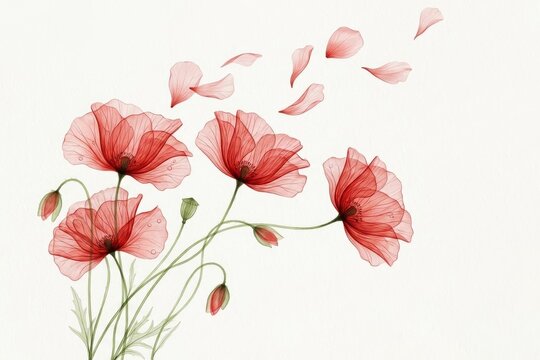 Watercolor Illustration of Delicate Red Poppy Flowers with Translucent Petals and Gentle Falling Petal Accents on a White Background