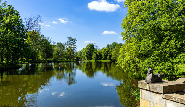 Panoramic view of Arkadia Romantic English Garden Park originated in XVIII century in Nieborow village in central Poland